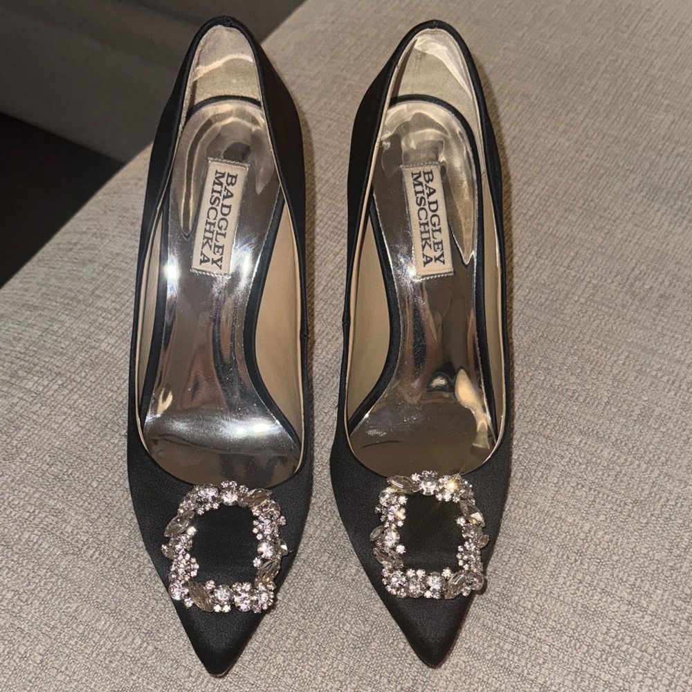 Badgley Mischka Black Satin Pointed Toe Heels with Crystal Buckles